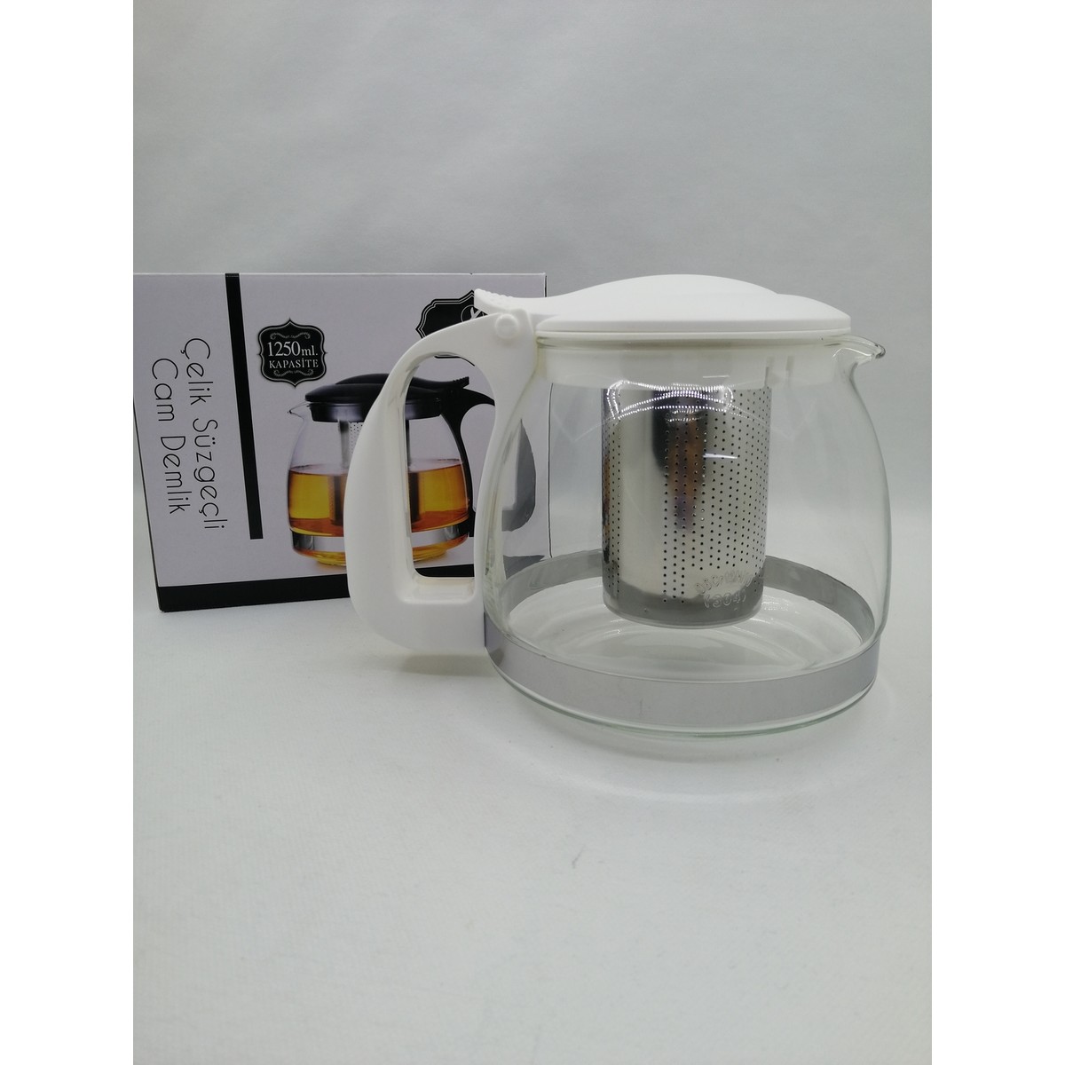 10907924070450.jpg Yakut 1250 ml Çelik Süzgeçli Cam Demlik- Beyaz - Görsel 1