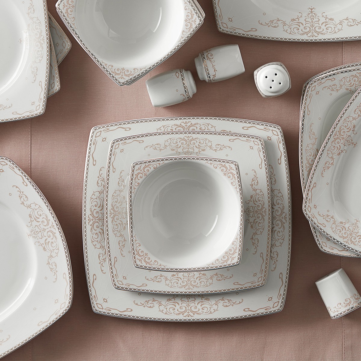 110000001398990.jpg Karaca Adelya Fine Cream Beyaz Porselen 60 Parça Kare Yemek Takımı – 12 Kişilik Zarif ve Modern Tasarım - Görsel 1