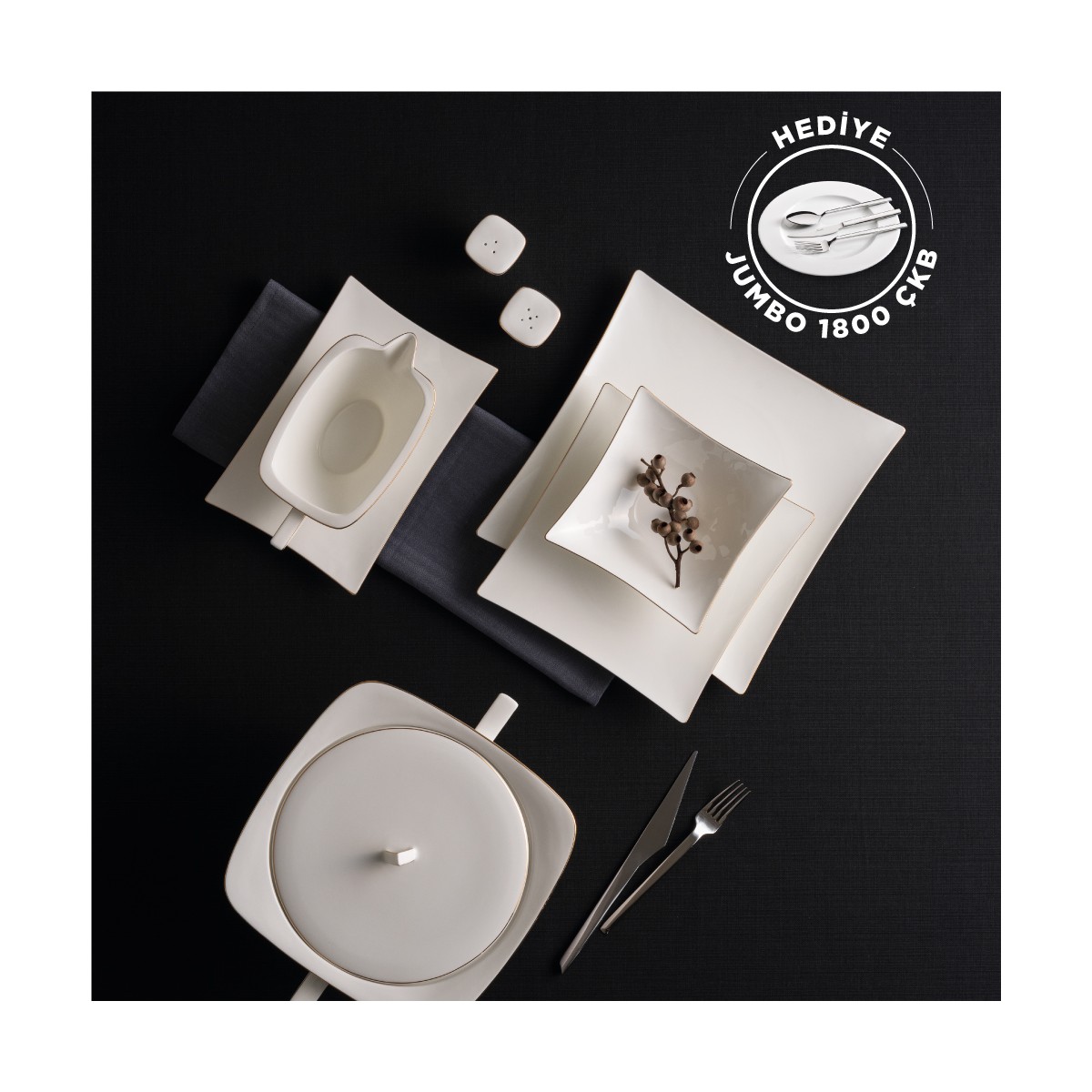 110000007902340.jpg Jumbo Wind Gold 64 Parça 12 Kişilik Yemek Takımı + 1800 60 Parça 12 Kişilik Çatal Kaşık Bıçak Seti - Görsel 1