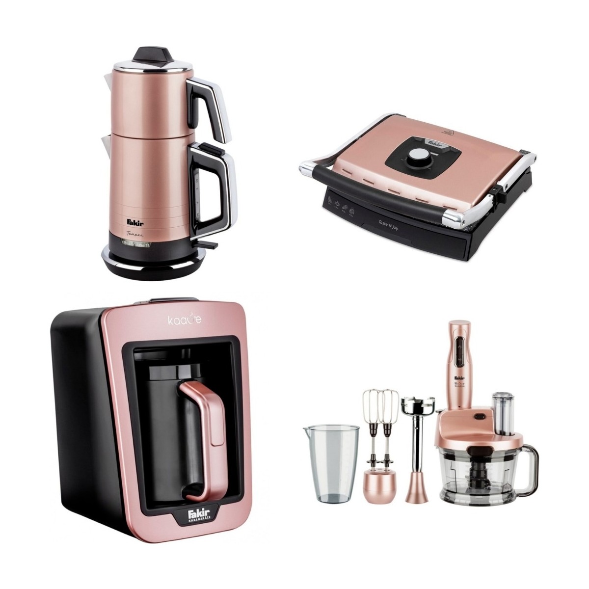 110000021825705.jpg Fakir 4 Parça Elektrikli Çeyiz Seti – Rose Gold Paslanmaz Çelik Su Isıtıcı, Kahve Makinesi, Blender ve Tost Makinesi - Görsel 1