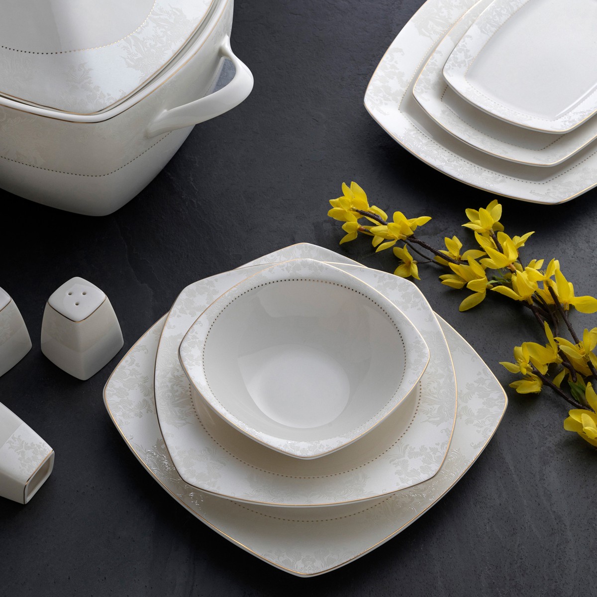 110000093013575.jpg Emsan Defne 60 Parça 12 Kişilik Beyaz Desenli Porselen Yemek Takımı – Şık Tasarım ve Dayanıklı Yapı - Görsel 1