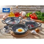 Eda Cookware Asya 3'lü Sahan Seti Cam Kapaklı Döküm Gri Yuvarlak