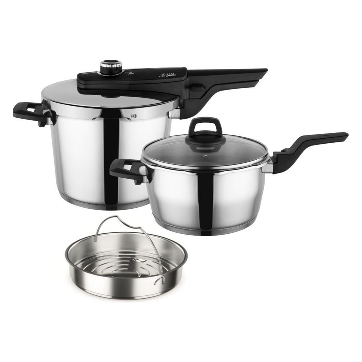 110000197655363.jpg Aryıldız Easy Quick Kanka 4+6Lt Düdüklü Buharda Pişirmeli Düdüklü Tencere Seti 5 Parça Düdüklü Seti - Görsel 1