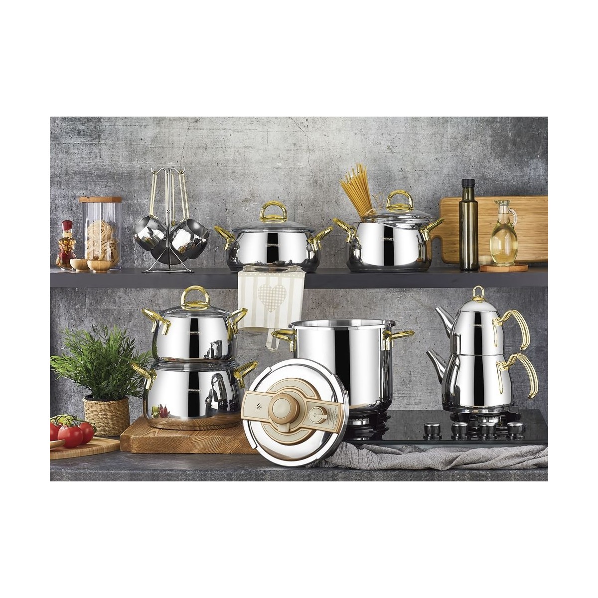110000239927571.jpg Kahramanlar Akasya Çeyiz Seti Çelik Tencere Seti 18 Parça Gold 2002G - Görsel 1