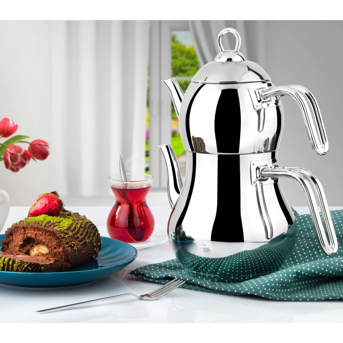 110000250956421.jpg Lines Şahmeran Çelik Çaydanlık Metal Kulp - Aile Boy - Görsel 1