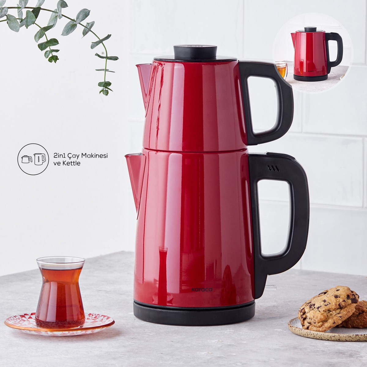 110000259482597.jpg Karaca Karaca Tea Break Kırmızı Inox Çelik Su Isıtıcı & Çay Makinesi - Görsel 1