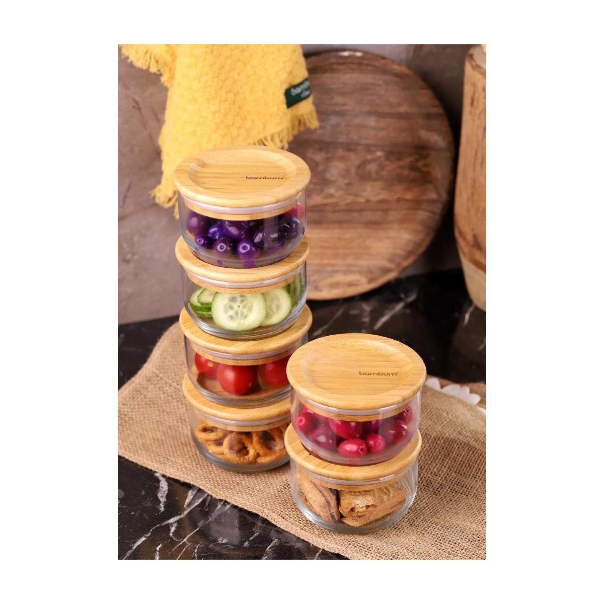110000357337453.jpg Bambum Duo 300ML 6'lı Bambu Kapaklı Cam Kahvaltılık Seti - Görsel 1