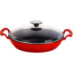 Lava Döküm Yuvarlak Sahan Cam Kapaklı Döküm Demir Yekpare Çift Kulplu ÇAP(Ø)24CM. - Kırmızı