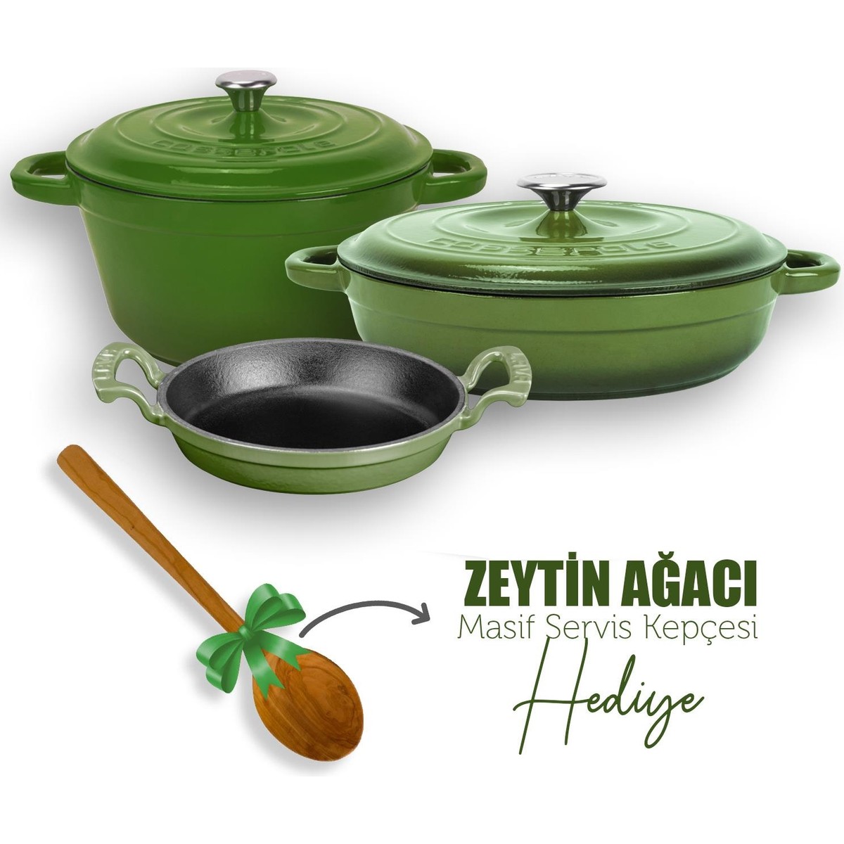 110000392443414.jpg Lava Döküm 3x New Heritage Serisi Döküm Demir Tencere Tava Seti - Yeşil - Görsel 1