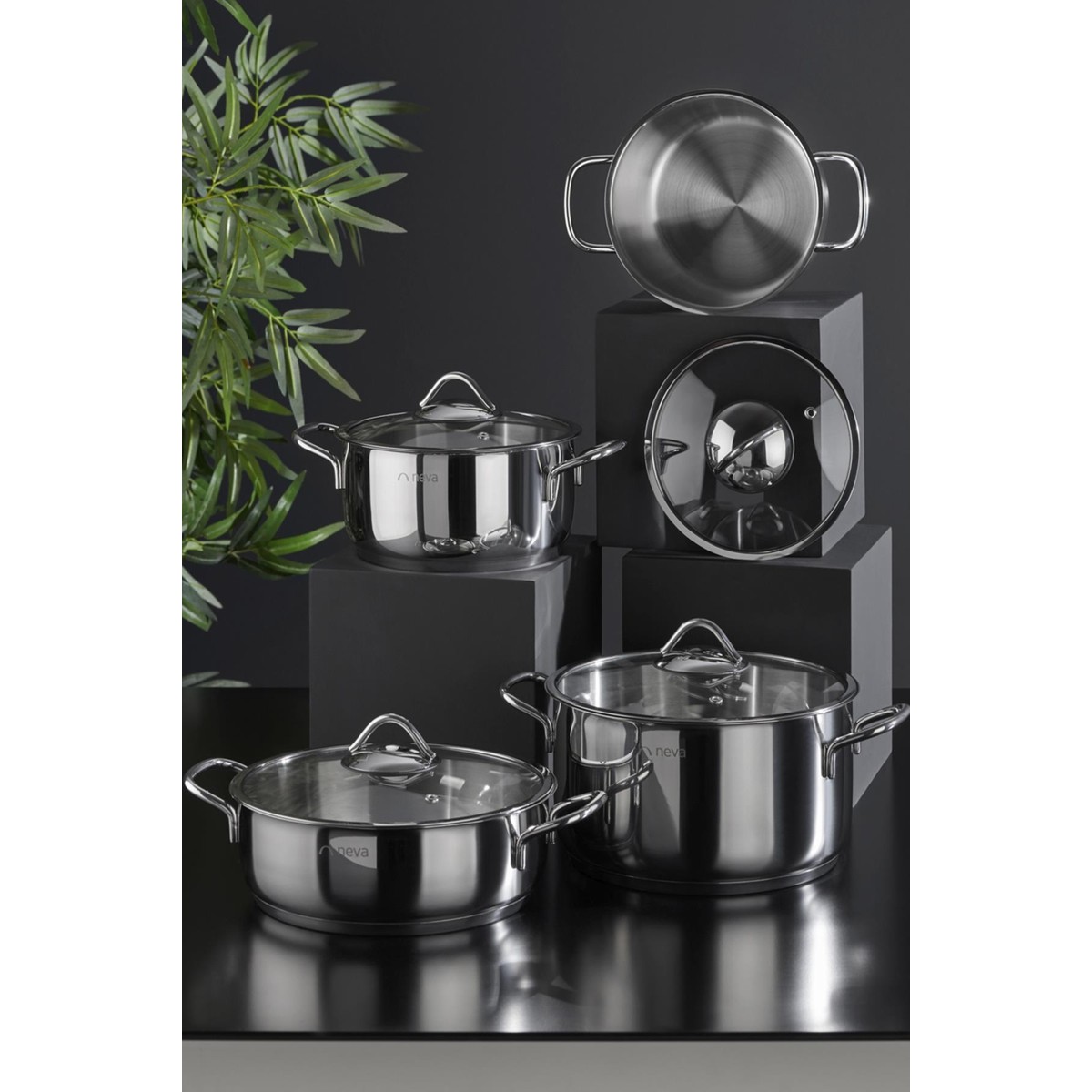 110000418064895.jpg Neva N3491 Cosmos 8 Parça Derin Basık Çelik Tencere Seti - Görsel 1