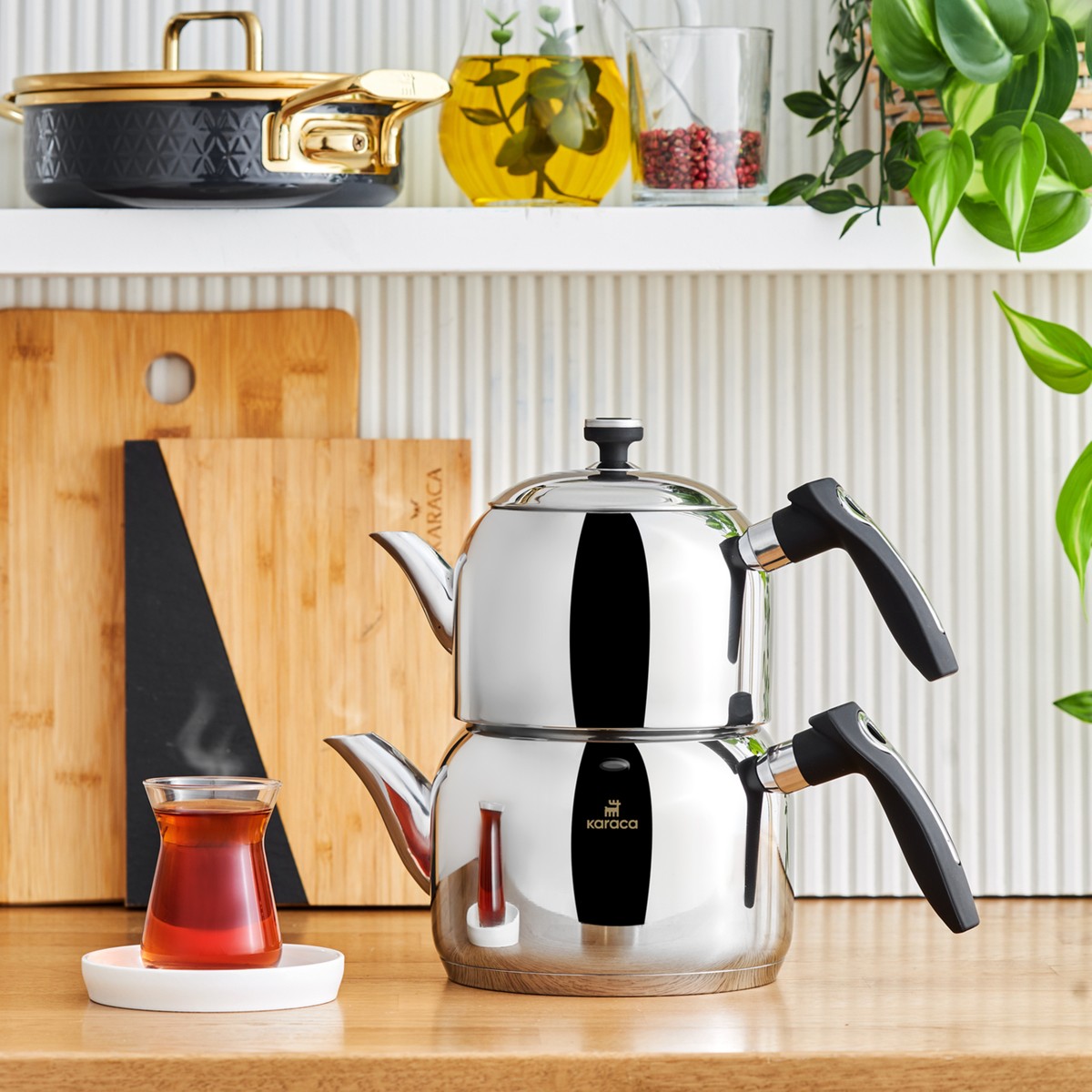 110000429721590.jpg Karaca Asiye İndüksiyon Tabanlı Midi Çelik Çaydanlık Takımı - Görsel 1