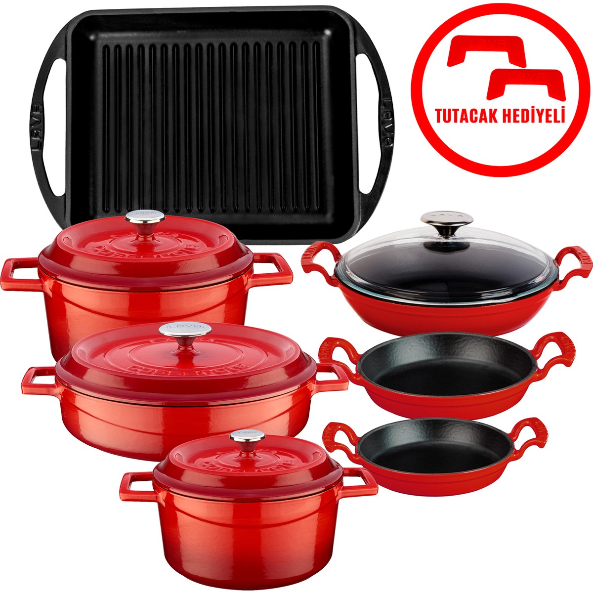 110000456555895.jpg Lava Neo Trendy 12 Parça Kırmızı Döküm Tencere Seti - Görsel 1