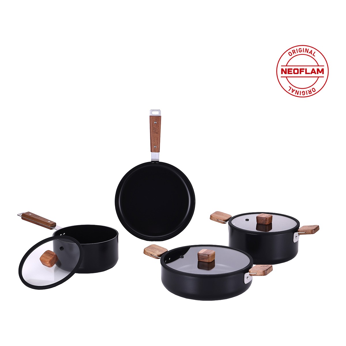 110000493231801.jpg Neoflam Bien Black 7 Parça İndüksiyonlu Tencere Tava Seti Akasya Ağacı Sap ve Kulplu - Görsel 1