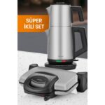 Goldmaster Inox Avantajlı Ikili Set Paketi Paslanmaz Çelik Çay Makinesi ve Su Isıtıcısı Tost Izgara Makinesi