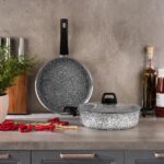 Schafer Eternal Basık Tencere 26 cm + Tava 26 cm-2'li 3 Parça Cam Kapaklı Set-Gri