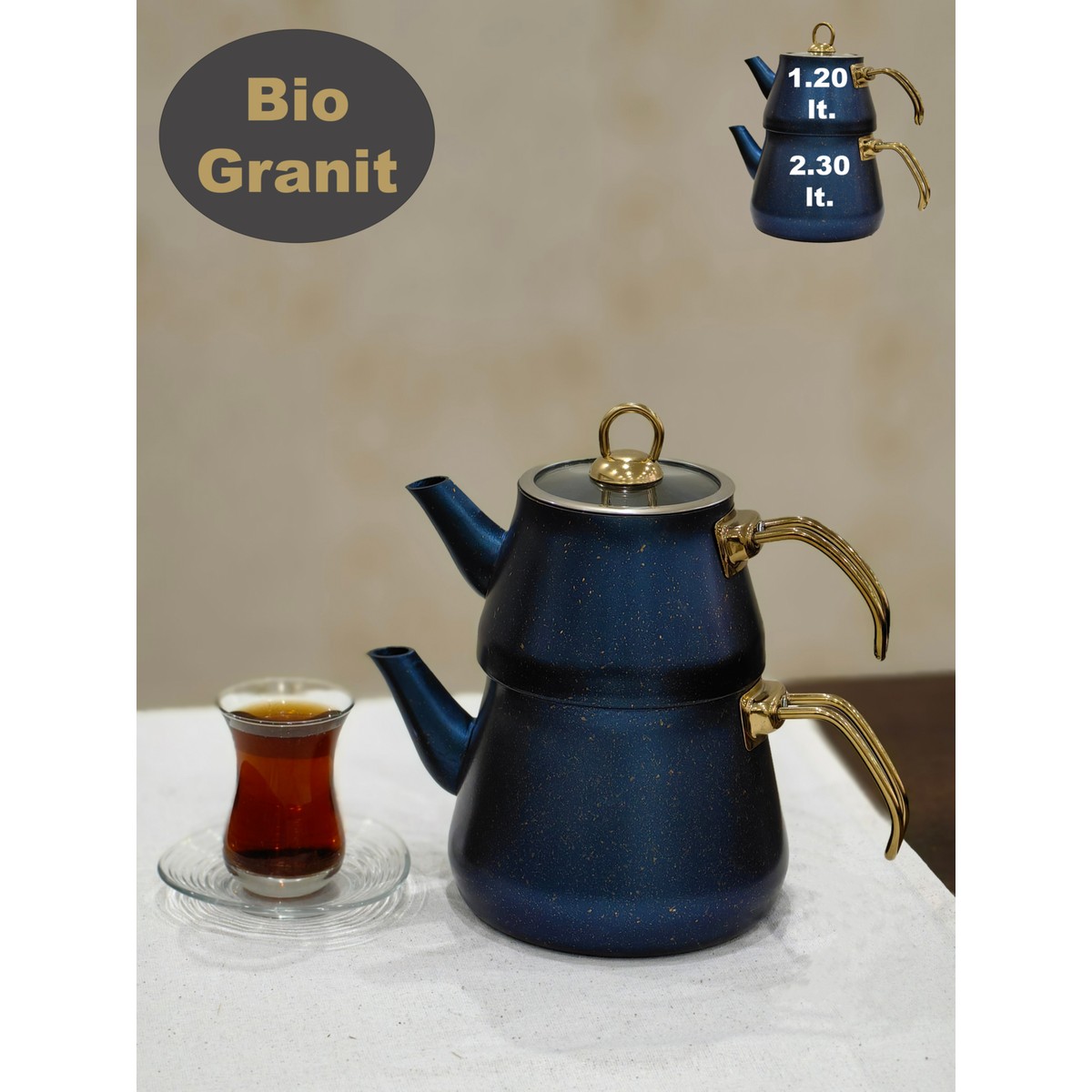 110000576542184.jpg Yunusoğlu Home Mavi Granit Kaplama Gold Kulplu Cam Kapaklı Çaydanlık Takımı 2,30 lt + 1,20 lt - Görsel 1