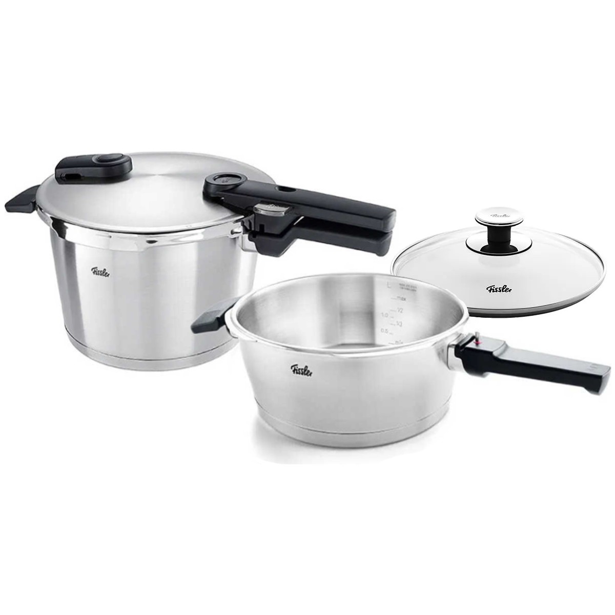 110000596877868.jpg Fissler Vitaquick Premium 6+3,5 Lt Düdüklü Tencere 2'li Set+ Cam Kapaklı - Görsel 1