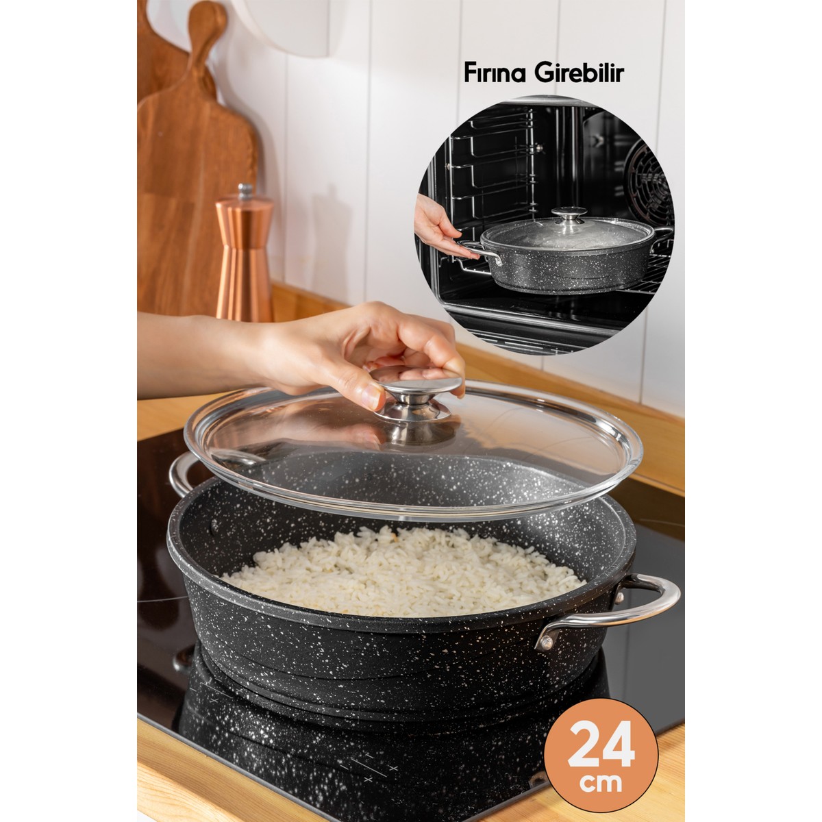110000597177833.jpg Fithome Döküm Granit Fırına Girebilir Yanmaz Yapışmaz Pilav Karnıyarık Tenceresi - Görsel 1