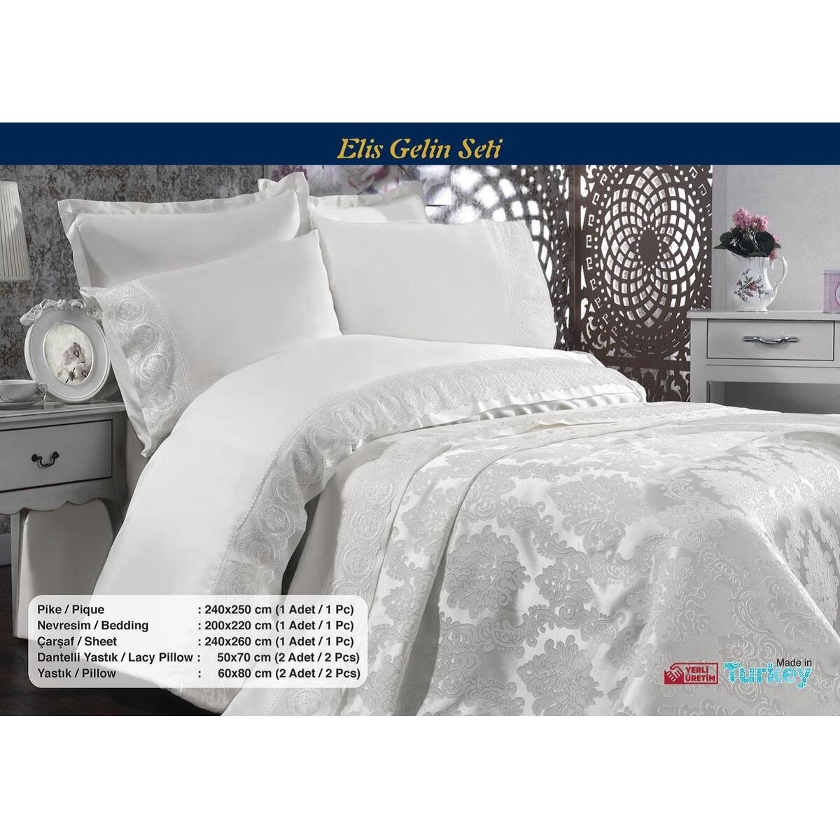 110000597570592.jpg Dream Of Lady Elis 7 Parça Gri Renk Gelin Seti Pamuklu Pikeli Nevresim Takımı - Görsel 1