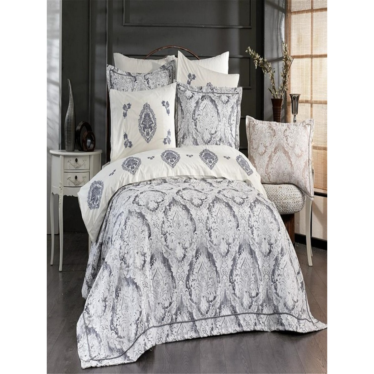 110000597577430.jpg Dream Of Lady Venedik 9 Parça Gri Renk Gelin Seti Pamuklu Pikeli Nevresim Takımı - Görsel 1