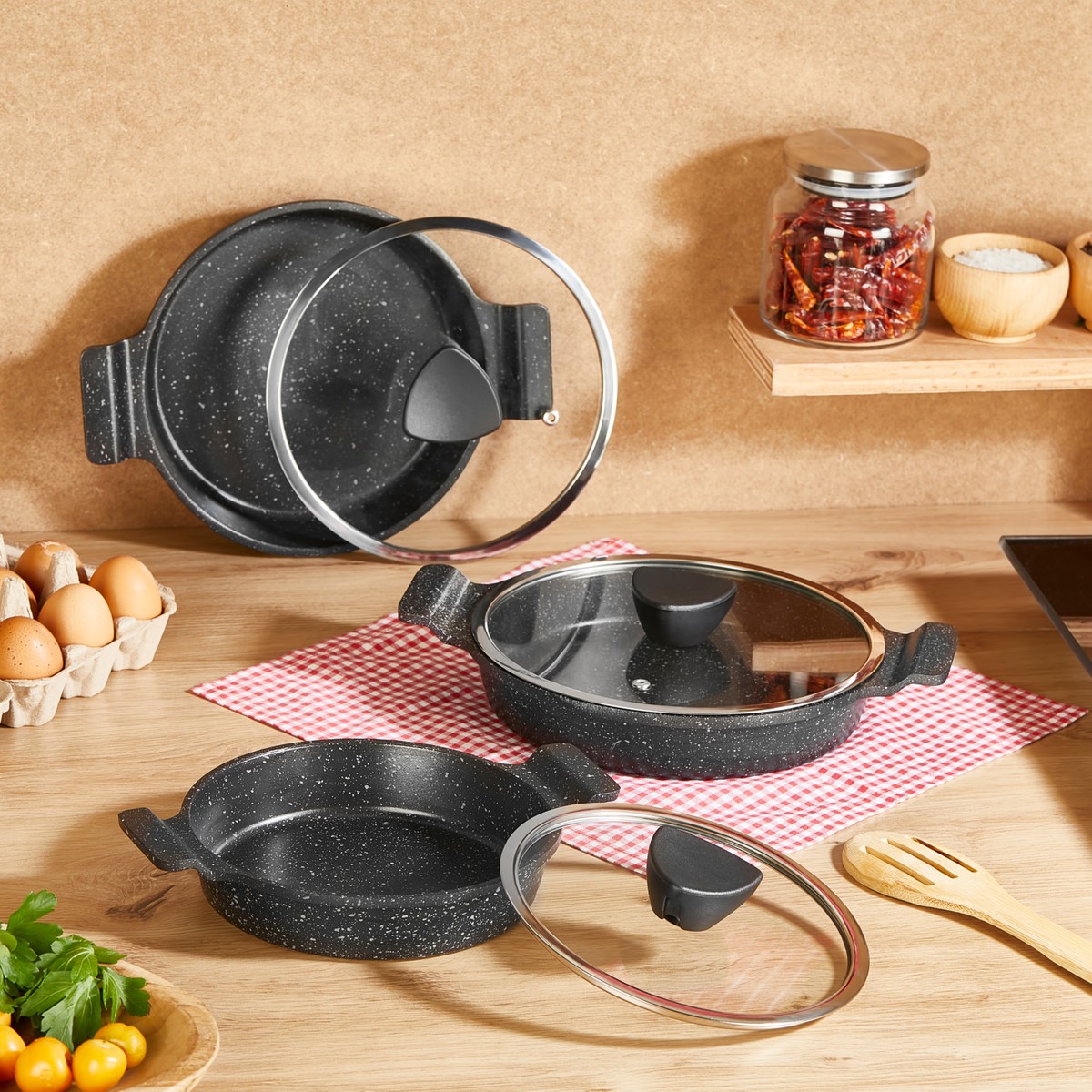 110000603388410.jpg Amboss Astral Cam Kapaklı Granit 6 Parça Döküm Sahan (Omlet) Seti - Görsel 1