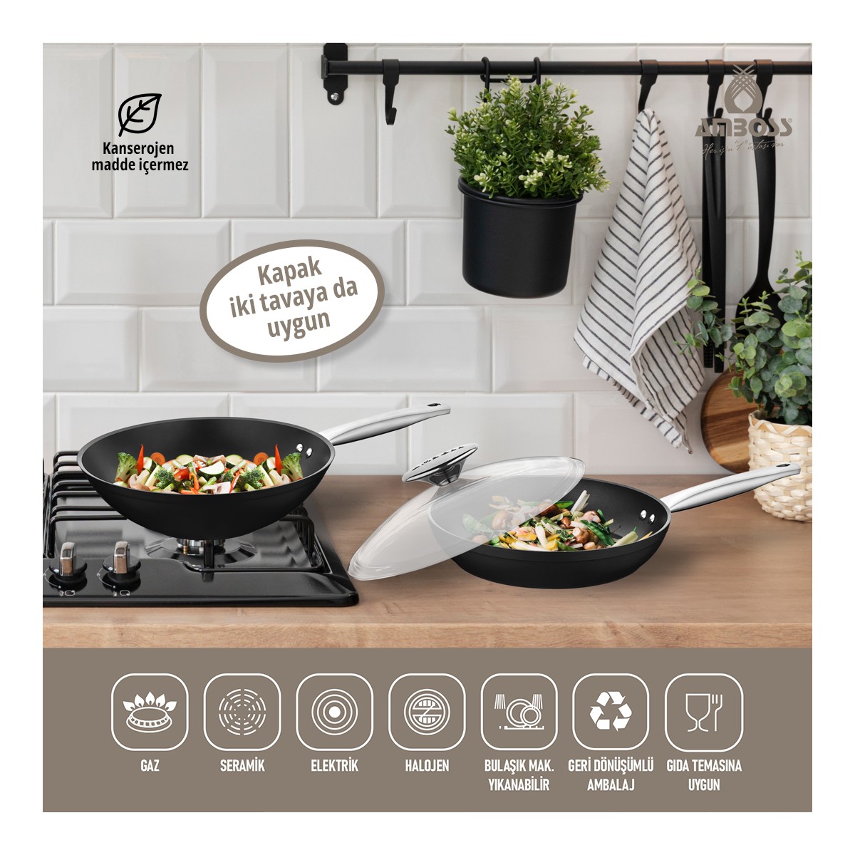 110000613058521.jpg Amboss Dark Yanmaz Yapışmaz 3 Parça Titanyum Kaplama Tava -Cam Kapaklı (28 cm Wok, 28 cm Tava Tek Kapak) - Görsel 1