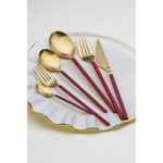 Glore Lizbon 6 Kişilik Çatal Kaşık Bıçak Takımı Gold-Kırmızı - Görsel 2