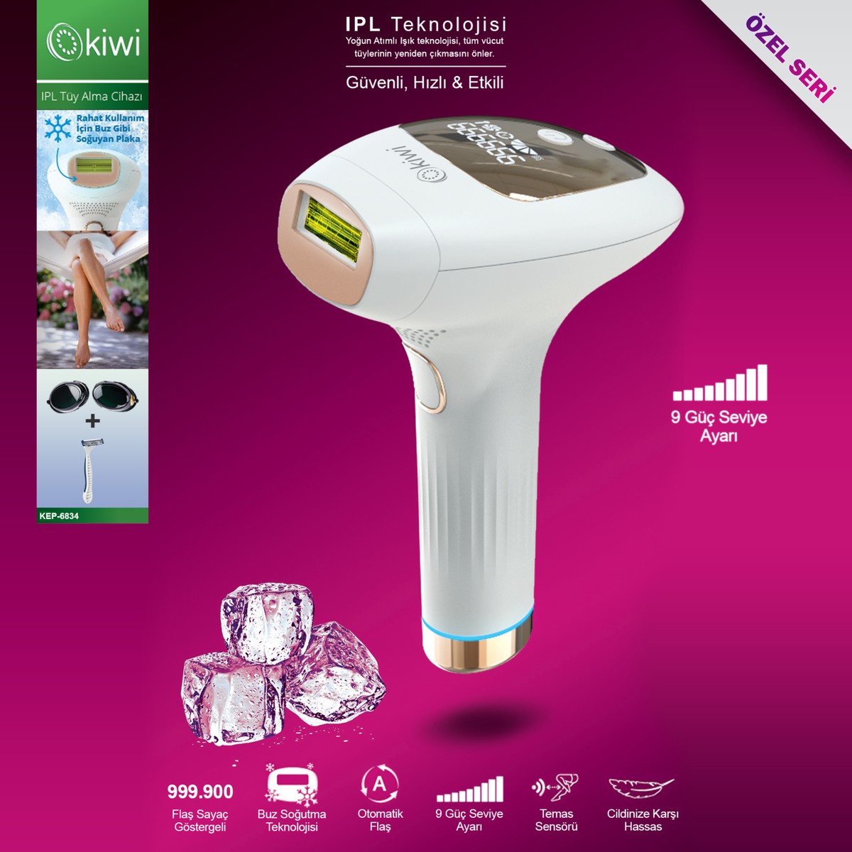 110000632812050.jpg Kiwi Ipl Buz Lazer Epilasyon Tüy Alma Cihazı Otomatik/manuel Yüz, Vücut, Hassas Bölge Kullanımı 999.900 Flash Atım KEP-6834 - Görsel 1