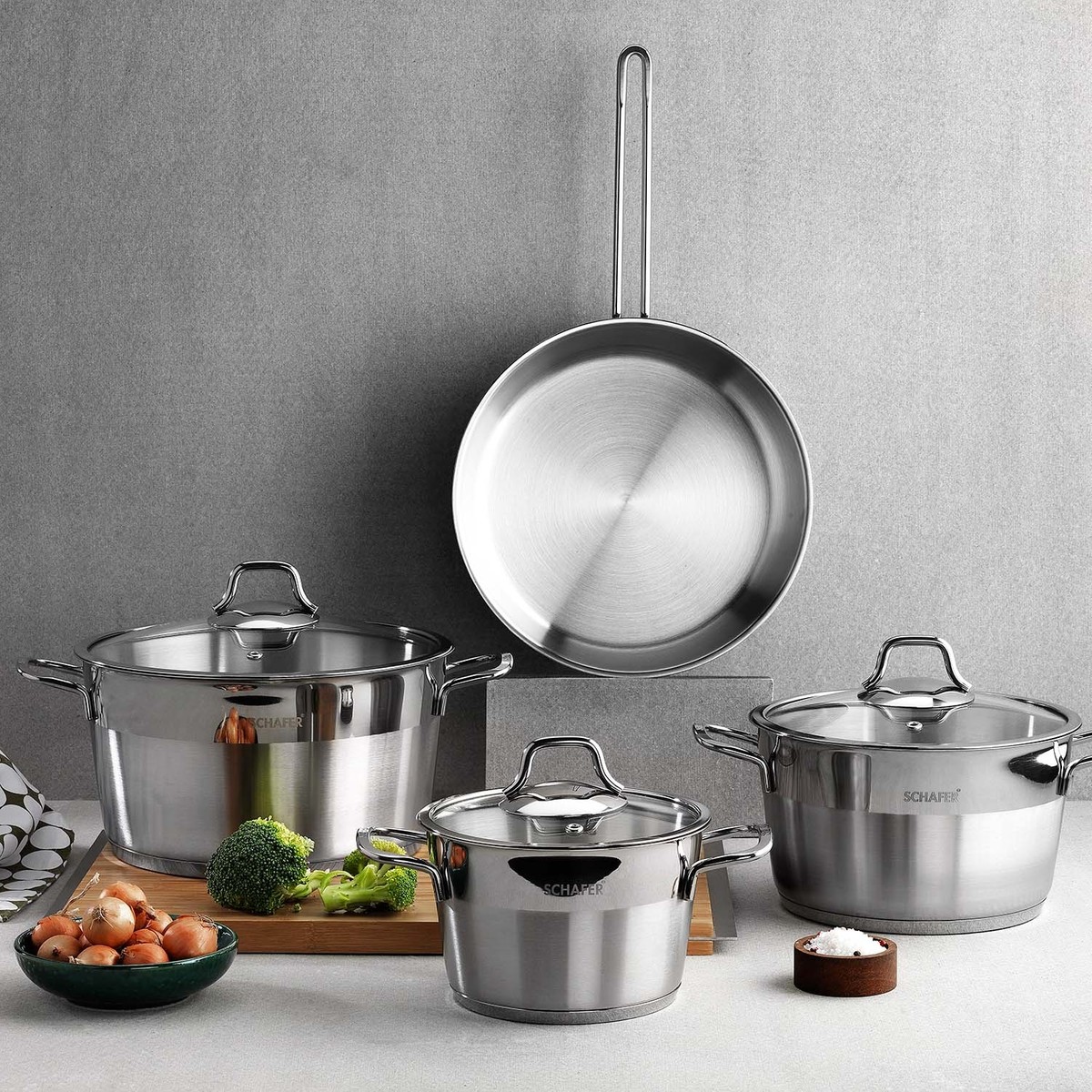 110000666161416.jpg Schafer Vals 7 Parça Derin Tencere Seti – 18/10 Paslanmaz Çelik, Cam Kapaklı, Ergonomik Saplı, 16-20-24 cm, Kolay Temizlenir - Görsel 1