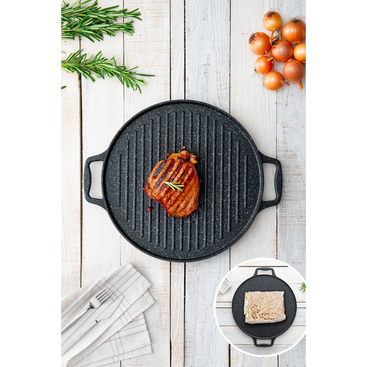 110000666227174.jpg Acar Diamante Döküm Çift Taraflı Izgara - Gözleme Tavası - 34 cm - Görsel 1