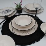 Arna Porselen Anka 48 Parça 12 Kişilik Siyah Desenli Yuvarlak Seramik Yemek Takımı, Mikrodalga ve Bulaşık Makinesine Uygun