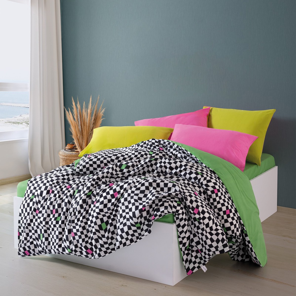 110000739467789.jpg Cozy Home Popping Colors Çift Kişilik Lastikli Çarşaflı Nevresim Takımı Dazzle Yeşil - Görsel 1
