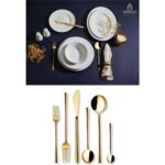 Amboss Galaxy - Hare 12 Kişilik 53 Parça Porselen Takımı Gold + Ruby 72 Parça Çatal Kaşık Bıçak Takımı Gold