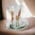 Lotus Dekor El Boyalı Cam Desenli Çay Seti : 6 Bardak Tabaklar + Şekerlik Hediye - Görsel 2