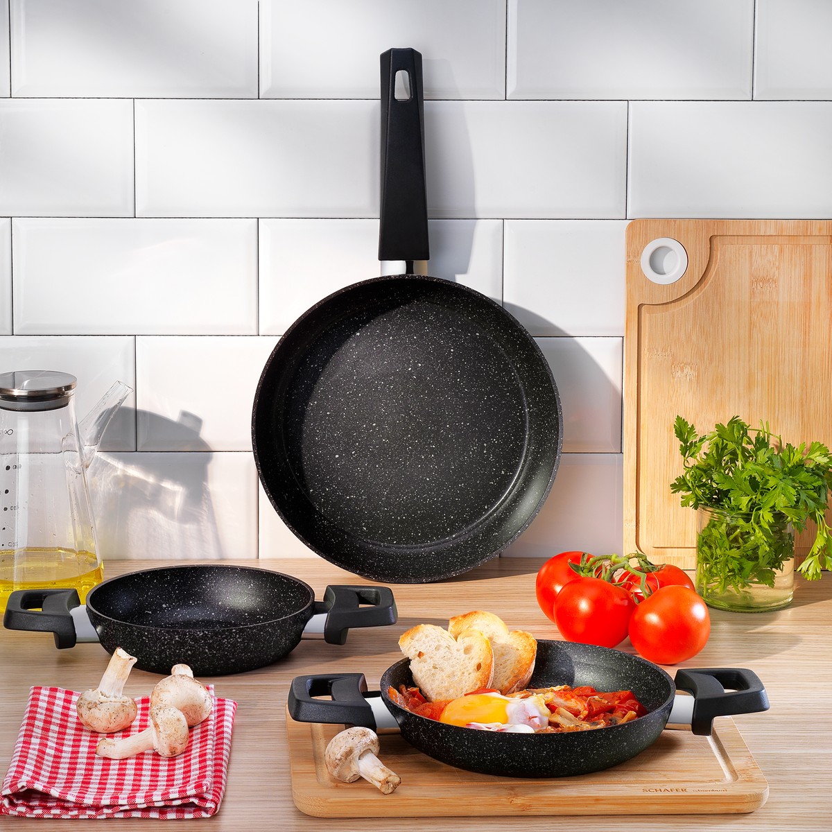 110000788544083.jpg Schafer Black Stone 3 Lü Tava + Sahan Seti-Siyah - Görsel 1