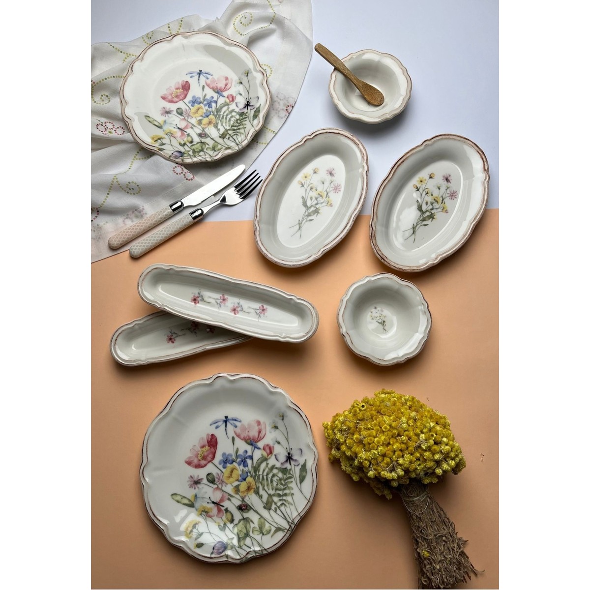 110000794610591.jpg Tabak Evi Porselen Fulya Buket Kahvaltı Takımı 6 Kişilik 14 Parça - Görsel 1