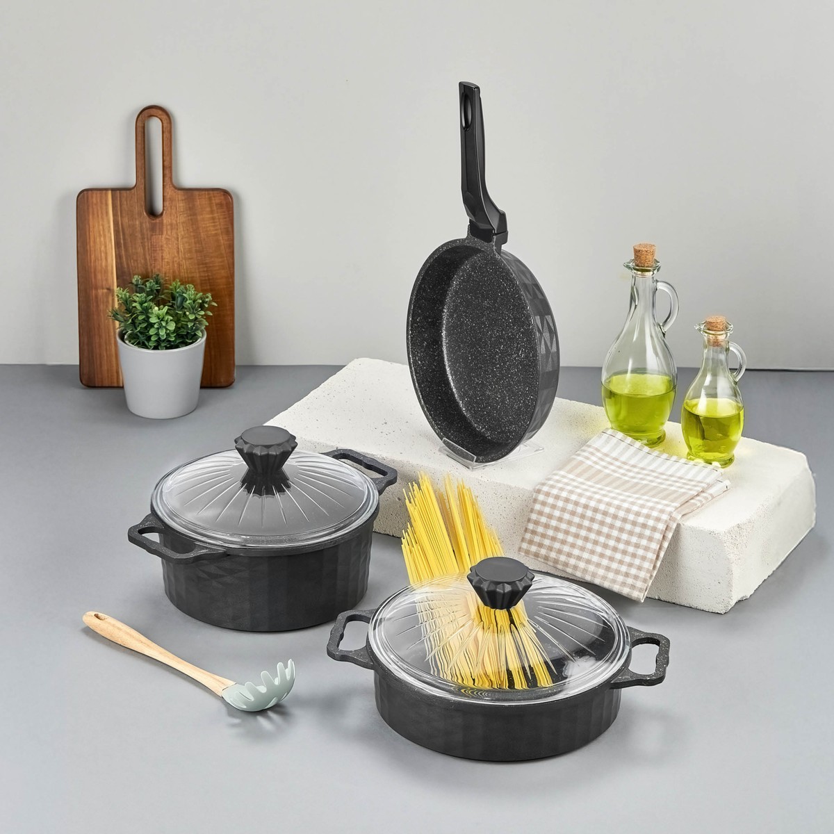 110000803260430.jpg Miapadella 5 Parça Granit Döküm Tencere Seti Siyah - Görsel 1