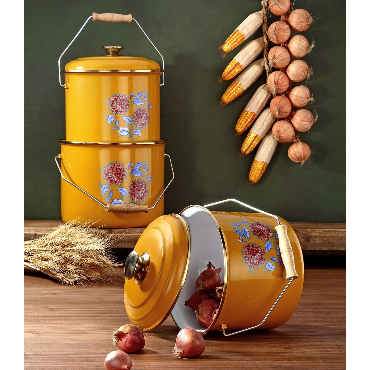 110000803462196.jpg Bonera Emaye 3'lü Hardal Sarısı Bakraç Set, 20-22-24cm Yoğurt Mayalama Seti - Görsel 1