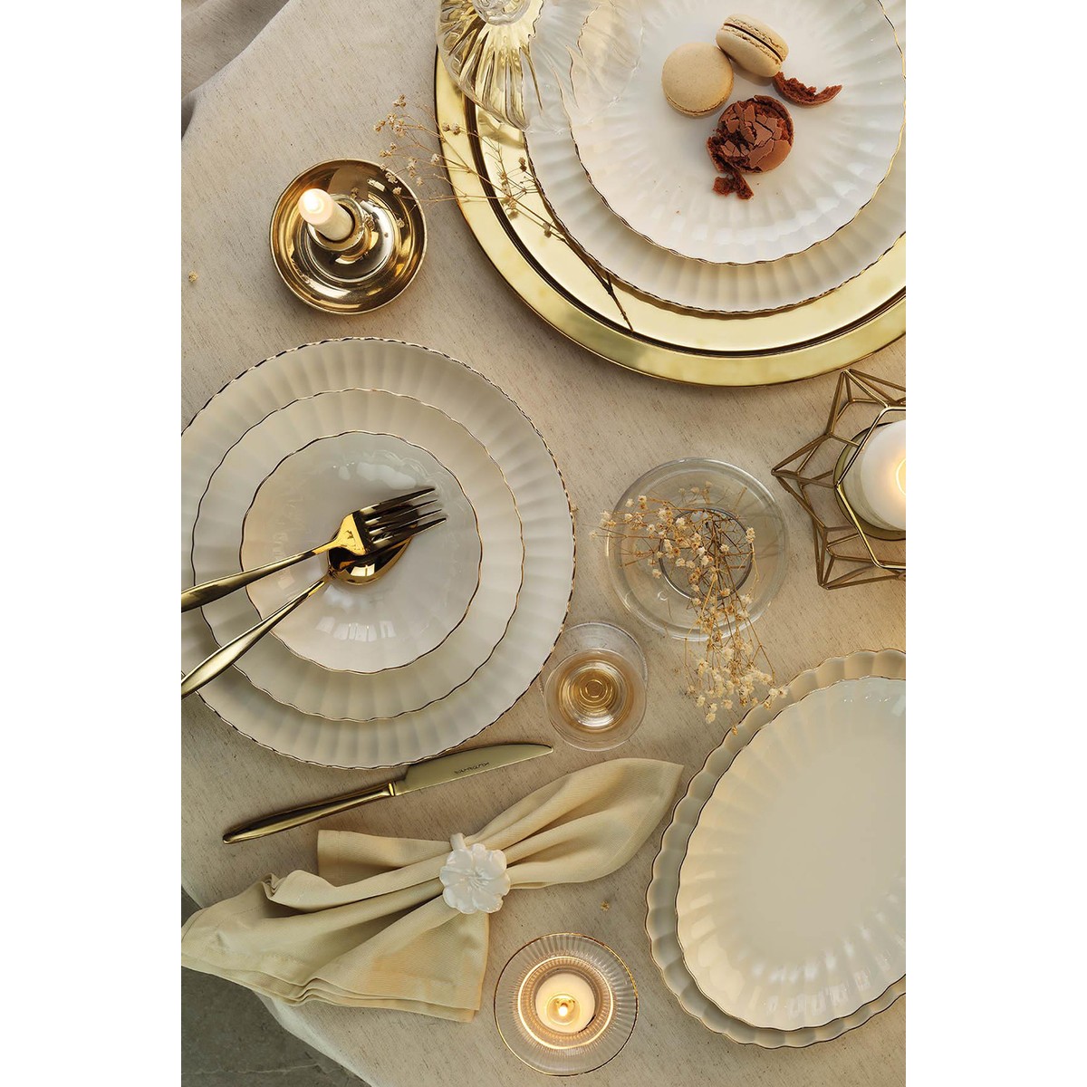 110000804340217.jpg Kütahya Porselen Luz Form Altın File 52 Parça 12 Kişilik Bone Porselen Yemek Takımı - Görsel 1