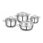 Korkmaz Perla 8 Parça Tencere Seti - 18/10 Cr-Ni Paslanmaz Çelik, Temperlenmiş Cam Kapak, 16-20-24 cm Boyutları
