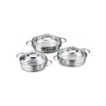 Korkmaz Tombik 6 Parça Omlet Tencere Seti - 18/10 Cr-Ni Paslanmaz Çelik, Cam Kapaklı, 16-18-20 cm Boyutları