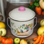 Qussine Emaye Bakraç Yoğurt Tenceresi Bakliyat Saklama Tenceresi Patates Soğan Kovası Kuş Desenli