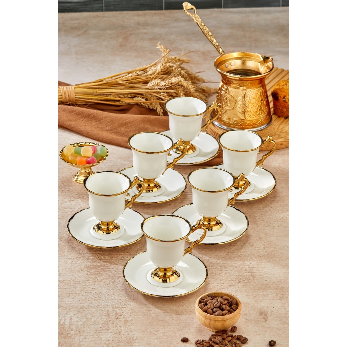 110000828456645.jpg Cooker Modern Tasarım 6 Kişilik 12 Parça Yaldız Detaylı Kahve Takımı - Görsel 1