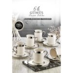 Grimor Life Gümüş Yaldızlı 6 Kişilik Porselen Fincan Seti 12 Parça Türk Kahvesi Takımı Kahve Fincanı 100 ml