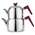 Karaca Maçka Mini Çaydanlık Takımı 18/10 Paslanmaz Çelik, Bordo, 0,85 L Demlik + 1,25 L Suluk, Ergonomik Saplı