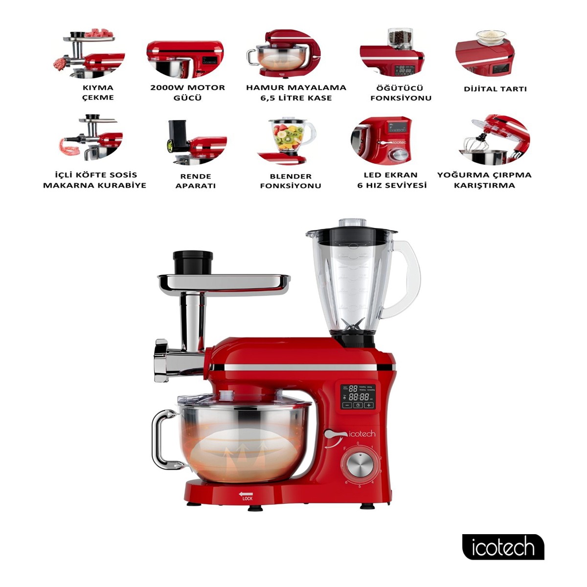 110000841278011.jpg Icotech SM50 Kırmızı LED Ekranlı Hamur Mayalama Kıyma Çekme Blender 2000W 6,5 Litre Stand Mikser Mutfak Şefi Hamur Yoğurma Makinesi - Görsel 1