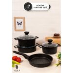 Homekolik 7 Parça Granit Döküm Siyah Tencere Seti -  3 Kat Granit Kaplama 27 cm - Görsel 2