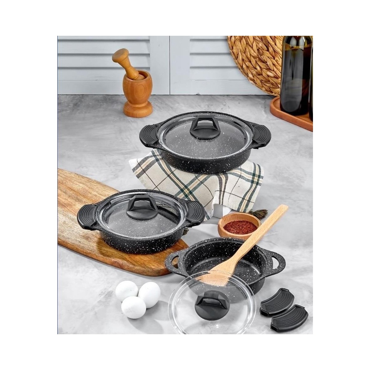 110000851649032.jpg Eda ZK-900 Döküm Granit 3'lü Sahan Seti Siyah (6 Adet Silikon Tutamaç Hediyeli) - Görsel 1