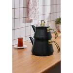 Yunusoğlu Home Siyah Granit Kaplama Cam Kapaklı Gold Kulplu Çaydanlık