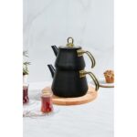 Yunusoğlu Home Siyah Granit Kaplama Cam Kapaklı Gold Kulplu Çaydanlık - Görsel 2